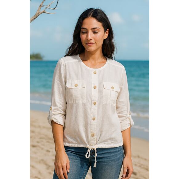 Liz Claiborne White Linen Blend Button Down Blouse Women’s XL Drawstring Hem - Picture 1 of 6